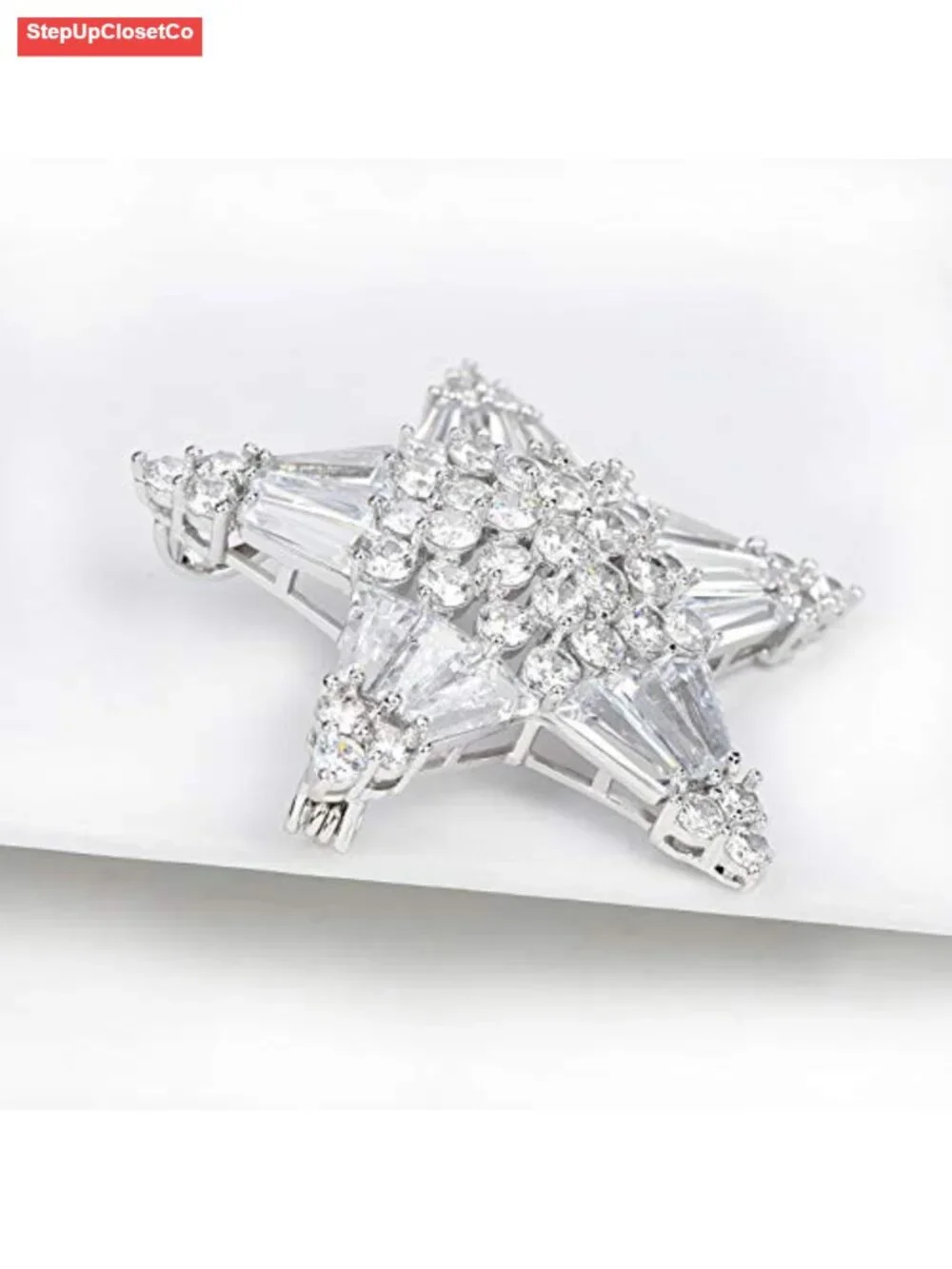 Crystal Star Brooch Pin White Gold Plated Brass Cubic Zirconia Safety Lock Gift
